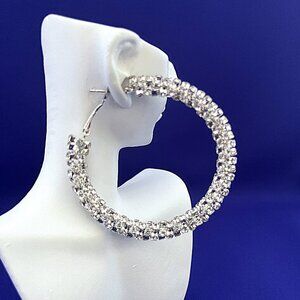 Silver & Rhinestones Hoop Earrings Lever Backs NEW